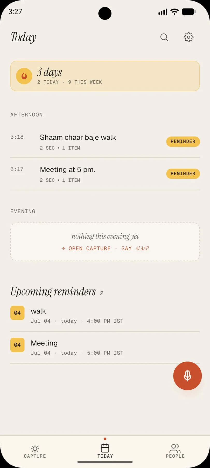 Alaap today screen listing captured voice notes with their transcripts, durations and reminder chips.