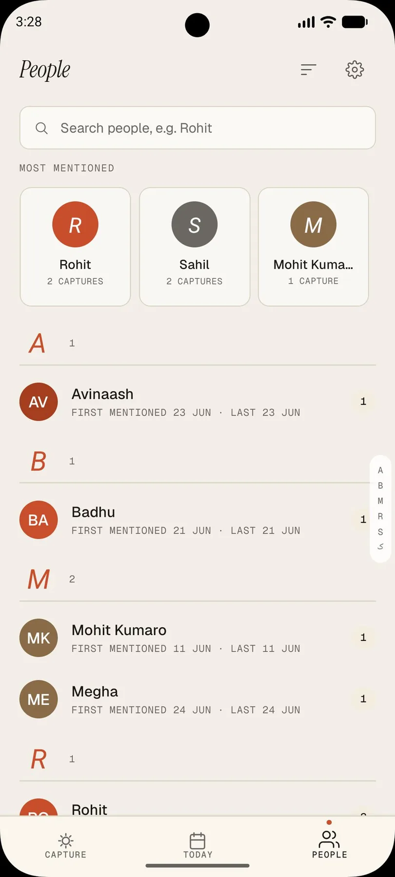 Alaap people screen grouping who was mentioned across captures, with first and last mention dates.