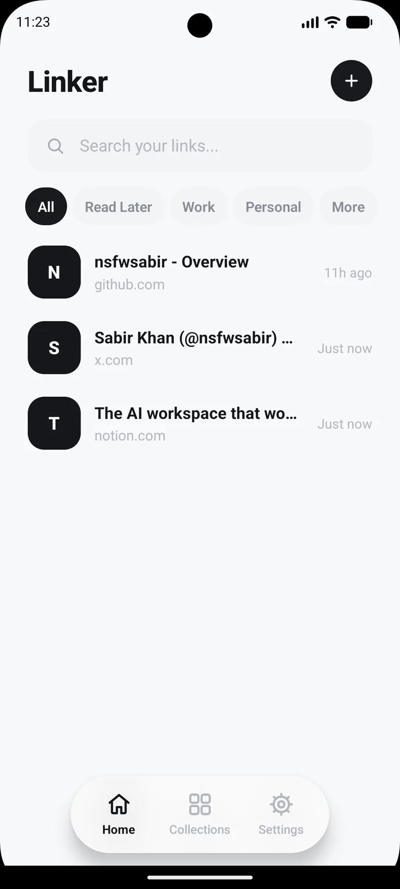 Linkr home screen listing saved links, with a search field and a filter for each collection.