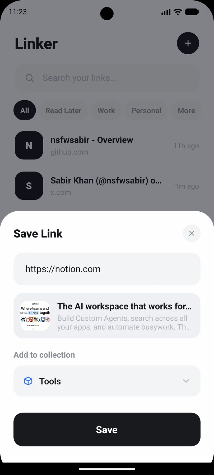 Linkr save sheet showing a pasted address, a live preview of the link's title, description and favicon, and a collection picker.