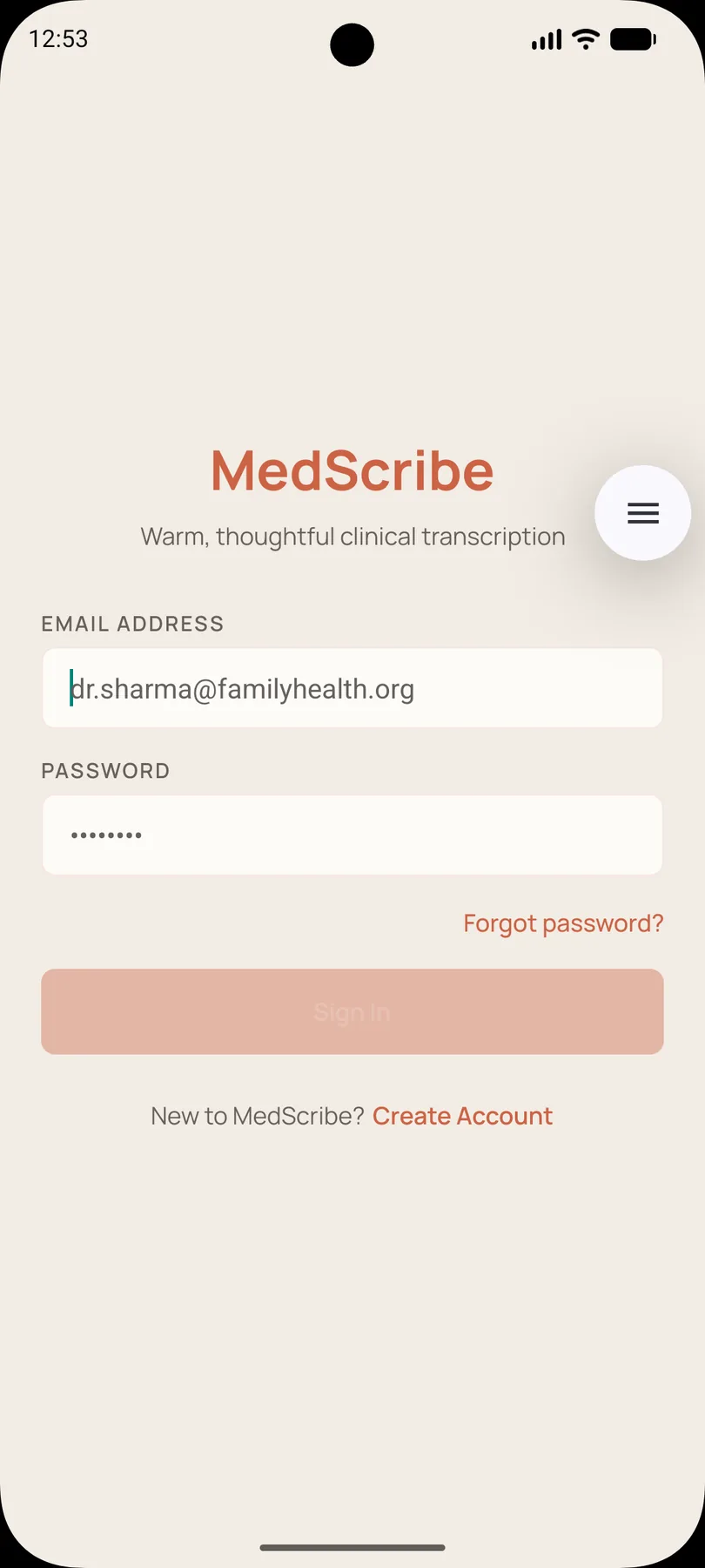 MedScribe sign-in screen with email and password fields.