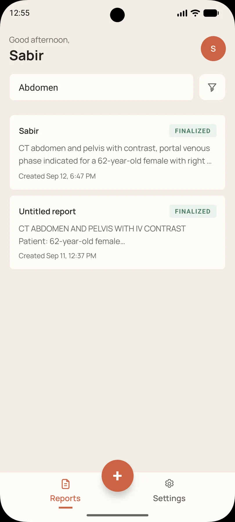 MedScribe report list showing finished clinical notes with their status and date.
