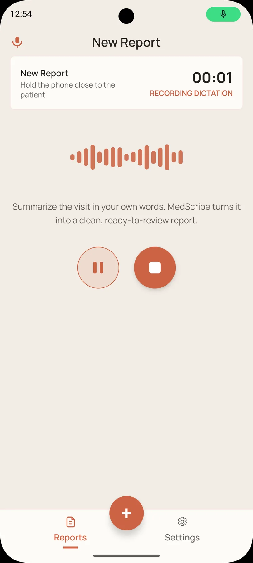 MedScribe recording screen with a live waveform, an elapsed timer, and pause and stop controls.